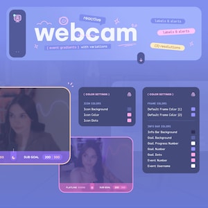 K&ouml;nnte beinhalten: Ein anpassbares Webcam-Overlay mit einem lila und rosa Farbschema. Das Overlay enth&auml;lt einen Webcam-Rahmen, eine Unterziel-Leiste und eine Infobox mit anpassbaren Farben. Der Text "reactive webcam" wird oben im Overlay angezeigt.