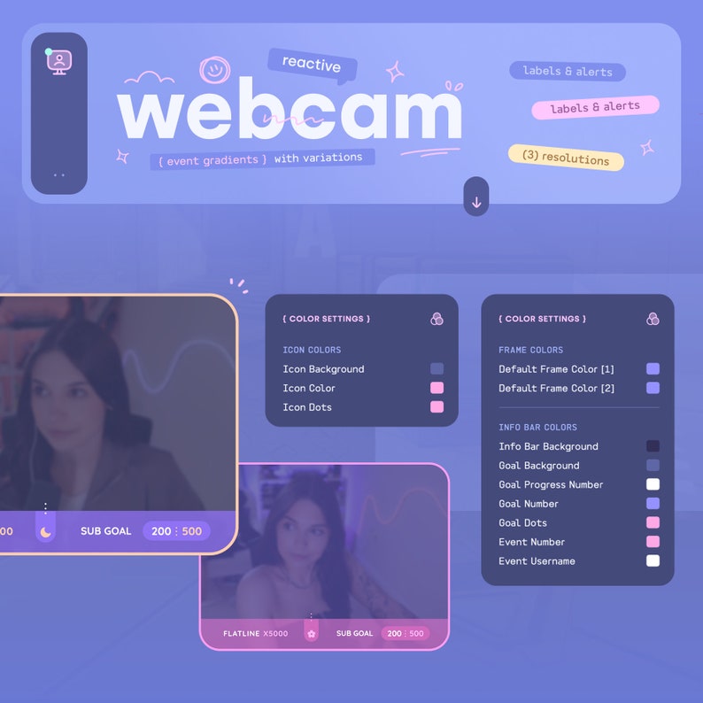 K&ouml;nnte beinhalten: Ein anpassbares Webcam-Overlay mit einem lila und rosa Farbschema. Das Overlay enth&auml;lt einen Webcam-Rahmen, eine Unterziel-Leiste und eine Infobox mit anpassbaren Farben. Der Text "reactive webcam" wird oben im Overlay angezeigt.