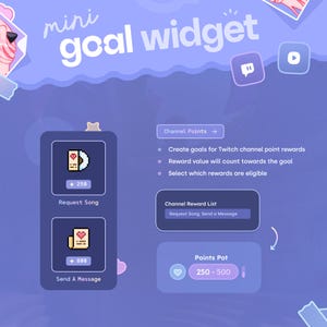 May include: A digital graphic with the text "mini goal widget" in white. The image includes options for requesting songs and sending messages, with point values displayed. The graphic is on a purple background.