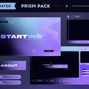 Prism Animiertes Twitch Pack | Lila Farbverlauf Luftschlangen Paket | Overlays, Szenen, Übergang, Panels, Warnungen, Webcam