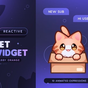 Orange getigerte Katze Strom Haustier | Niedliche Animierte Katze In Box Maskottchen Twitch Widget | Reagiert auf Events & benutzerdefinierte Kommandos | 10 Ausdrücke