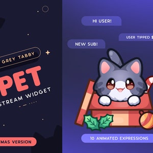 Grau getigerte Katze Weihnachtsstrom Haustier | Weihnachtsgeschenk Animiertes Kitty Maskottchen Twitch Widget | Reagiert auf Events & benutzerdefinierte Kommandos | 10 Ausdrücke