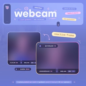 Puede incluir: Una superposición de cámara web morada y rosa con un fondo degradado. La superposición tiene un título que dice "webcam" e incluye texto que dice "(event gradients) with variations". La superposición también tiene una sección para suscripciones diarias con un contador que dice "250:500".