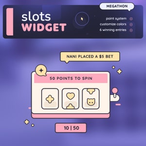 Peut inclure: Un jeu de machine à sous numérique avec un thème de couleur rose et jaune. Le jeu s'appelle "slots widget" et dispose d'un système de points, de couleurs personnalisables et de 6 entrées gagnantes. Le joueur a placé une mise de 5 $ et a 50 points à miser. La machine à sous a trois rouleaux avec un signe plus, un cœur et une icône de chat.