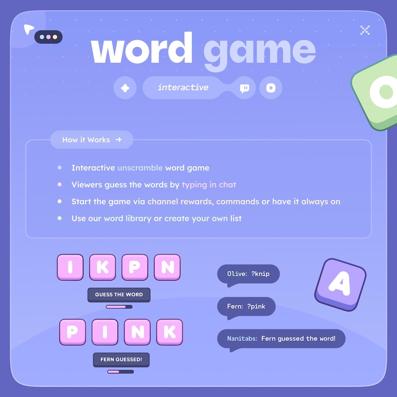 May include: A purple and white interactive word game graphic. The game features scrambled letters, with the goal to guess the word. The word "PINK" is displayed, with the text "FERN GUESSED!" below. The game is designed for viewers to guess words by typing in chat.