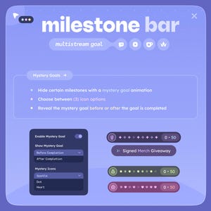 May include: A digital interface with the text "milestone bar" and "multistream goal." It features options for mystery goals, including icon choices and animation settings. Progress bars and icons are displayed, with the text "Signed Merch Giveaway."