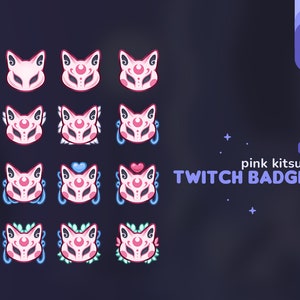 Kitsune Masks Twitch Sub & Bits Badges || 12 Pink Japanese Kitsune Fox Mask  Loyalty Badges