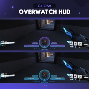 May include: A blue and purple glowing HUD interface for the video game Overwatch. The HUD displays the player's health, ammo, and other game information. The player's name is "SAYONAN".