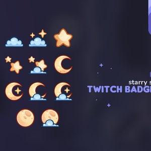 Starry Sky Sub & Bits Twitch Badges || 11 Cute Star Moon and Clouds Streamer Loyalty Badges