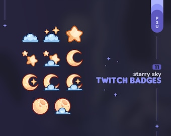 Sterrenhemelsub en Bits Twitch-badges || 11 schattige Star Moon and Clouds streamer-loyaliteitsbadges