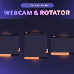 Pu&ograve; includere: Tre finestre del browser con uno sfondo grigio scuro e una barra delle schede arancione. Il testo "WEB CAM & ROTATOR" &egrave; visualizzato in lettere rosa e arancioni sopra le finestre. Il testo "CUTE BROWSER" &egrave; visualizzato in un rettangolo bianco sopra il testo "WEB CAM & ROTATOR".