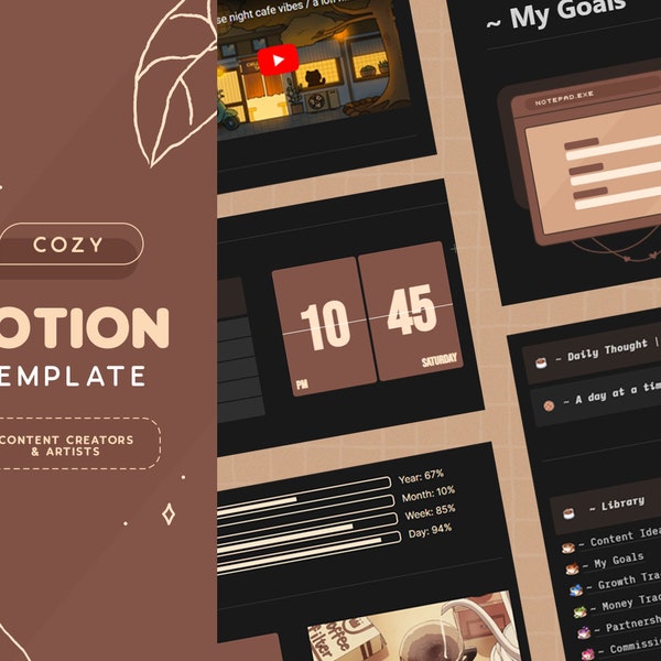 Modèle Cosy Notion pour les créateurs de contenu et les artistes | Modèle d'organisation Cottagecore Lo-fi Planner pour les influenceurs, les streamers et les artistes