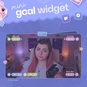 May include: A digital overlay with the text "mini goal widget" in white on a purple background. The overlay includes sections for "Daily Subs," "Ko-fi Subs," and "Books Read," with progress bars and numerical data. A person with pink hair is visible in the center.