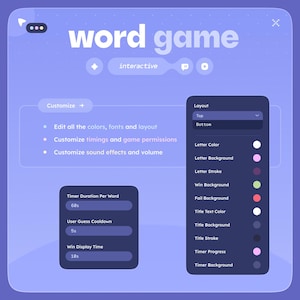 May include: A digital interface for a word game, featuring a purple and white color scheme. The screen displays options to customize colors, fonts, and layout, along with game settings like timer duration and sound effects. The text "word game" is prominently displayed.