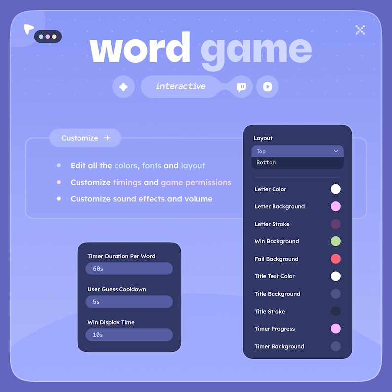 May include: A digital interface for a word game, featuring a purple and white color scheme. The screen displays options to customize colors, fonts, and layout, along with game settings like timer duration and sound effects. The text "word game" is prominently displayed.