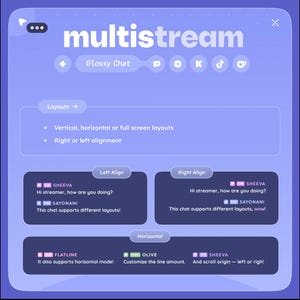 May include: A digital interface with the word "multistream" in white. The interface showcases chat layouts, including vertical, horizontal, and full-screen options. Text examples show left and right alignment, and horizontal mode. The interface is purple and blue.