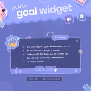 May include: A digital interface with the text "mini goal widget" in white. The interface includes a rocket ship icon, a list of features, and buttons for "back" and "confirm". The background is a gradient of purple and blue.