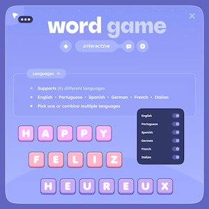 May include: A digital word game interface with a purple background. The game supports six languages, including English, Portuguese, Spanish, German, French, and Italian. The word "HAPPY" is displayed in pink blocks.