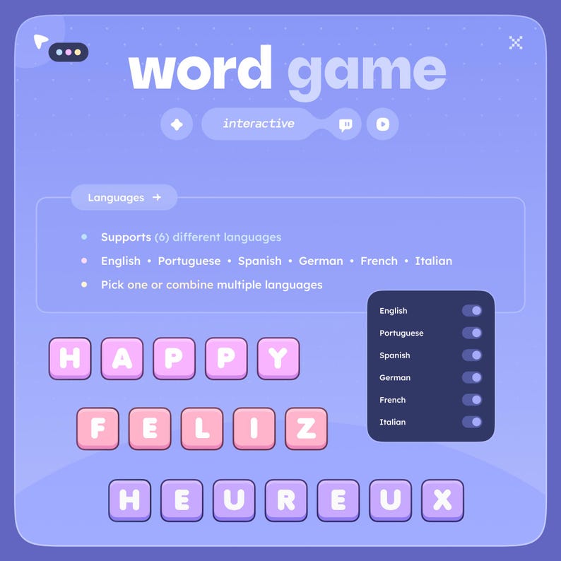May include: A digital word game interface with a purple background. The game supports six languages, including English, Portuguese, Spanish, German, French, and Italian. The word "HAPPY" is displayed in pink blocks.