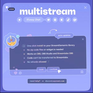 May include: A digital interface with the word "multistream" in white letters. The interface has a purple background with a rocket ship icon and text that reads "One click install to your StreamElements library". Additional text includes "auto updates".