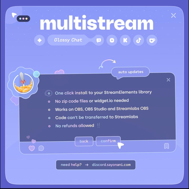 May include: A digital interface with the word "multistream" in white letters. The interface has a purple background with a rocket ship icon and text that reads "One click install to your StreamElements library". Additional text includes "auto updates".