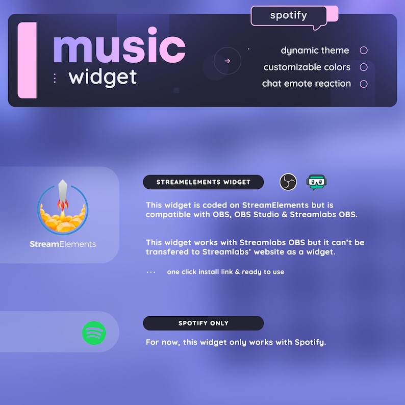 Op de afbeelding: Een grafische illustratie van een muziekwidget voor Spotify. De widget heeft een dynamisch thema, aanpasbare kleuren en chat-emote-reacties. De widget is compatibel met OBS, OBS Studio en Streamlabs OBS. De widget is gecodeerd op StreamElements, maar kan niet worden overgedragen naar de Streamlabs-website als een widget.