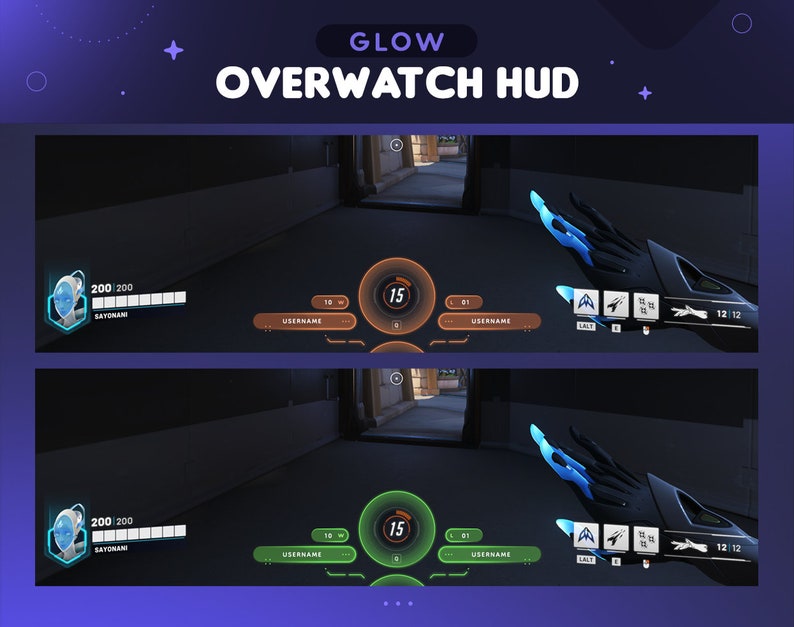May include: A digital display with a blue and green glow shows a video game interface with the text "GLOW OVERWATCH HUD". The display shows a player's health, ammo, and other game statistics.