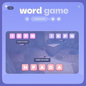 May include: A digital word game interface with a purple and white color scheme. The game features letter tiles and the text "word game" at the top. The word "interactive" is also displayed. The game prompts the user to "GUESS THE WORD".