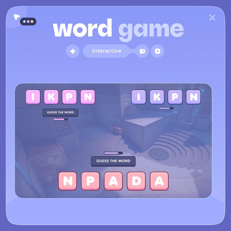 May include: A digital word game interface with a purple and white color scheme. The game features letter tiles and the text "word game" at the top. The word "interactive" is also displayed. The game prompts the user to "GUESS THE WORD".
