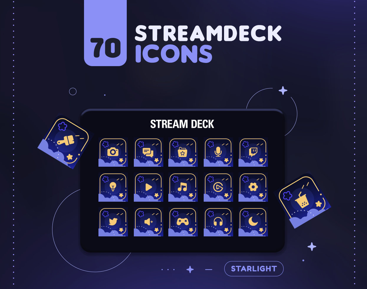 Starlight Streamdeck Icon Set | 70+ Cute Starry Sky Icon Pack for Elgato Streamdeck + 2 Screensavers | Twitch Streamer Assets