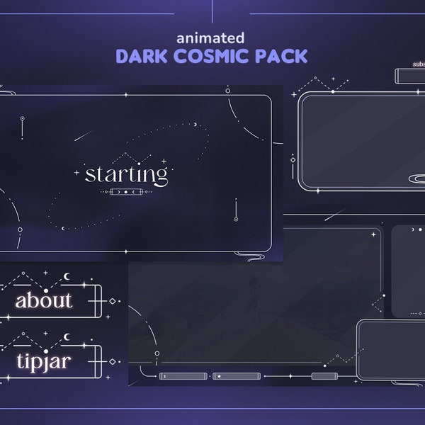 Dark Cosmic Twitch Pack | Animated Minimal Astrology Stars Streamer Pack | Overlays, Stream Scenes, Panels, Alerts & Webcam Border