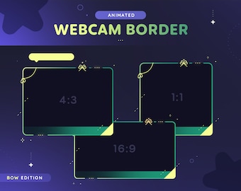 May include: Animated webcam border design with three frames in different aspect ratios: 4:3, 1:1, and 16:9. The design features a dark blue and purple gradient background with yellow and green accents. Text includes "Animated," "Webcam Border," and "Bow Edition."