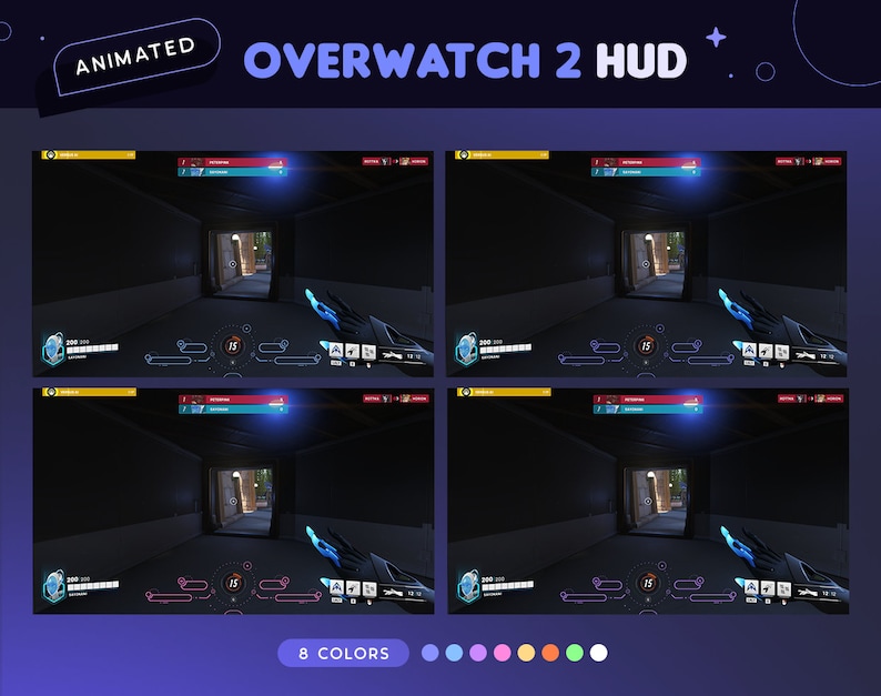 May include: Animated Overwatch 2 HUD with 8 color options. The HUD displays a player's health, ammo, and other game information. The HUD is set against a dark background with a blue glow.