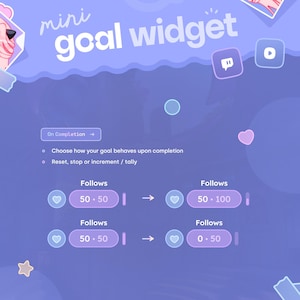 May include: A digital graphic with the text "mini goal widget" in white. The image features a purple background with icons, including hearts and speech bubbles. The text describes goal completion options.