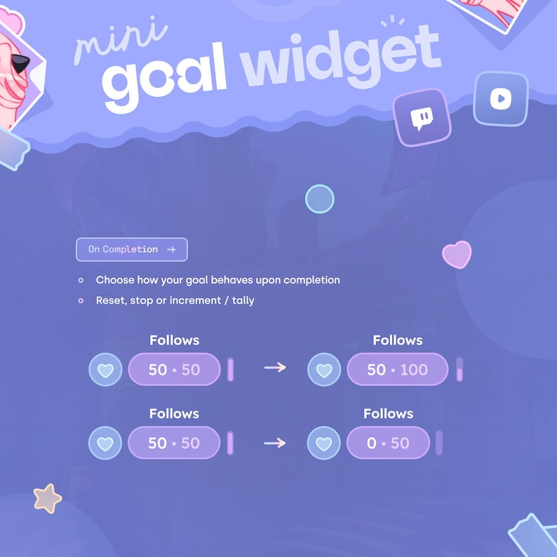 May include: A digital graphic with the text "mini goal widget" in white. The image features a purple background with icons, including hearts and speech bubbles. The text describes goal completion options.