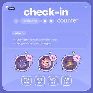 Może przedstawiać: Jasnofioletowy interfejs cyfrowy z tekstem "check-in counter". Zawiera konfigurowalne stemple z r&oacute;żnymi ikonami i możliwość dodawania obraz&oacute;w lub GIF-&oacute;w. Widoczne są r&oacute;wnież przyciski z tekstem, np. "WAS HERE" i "SAYS BYE".
