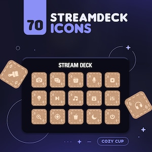 Op de afbeelding: Een set van 70 Stream Deck-pictogrammen voor gebruik met de Stream Deck-app. De pictogrammen zijn in een rasterindeling en zijn allemaal bruin van kleur met witte contouren. De pictogrammen omvatten een penseel, een camera, een chatbubble, een hart, een map, een microfoon, een koptelefoon, een gloeilamp, een afspeelknop, een noot, een kalender, een equalizer, een vergrootglas, een doelwit, een prullenbak, een maan en een aan/uit-knop. De tekst "STREAM DECK" staat bovenaan het raster en de tekst "COZY CUP" staat onderaan het raster.