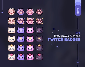 May include: Set of 24 Twitch badges featuring cute kitty paws and faces in various colors, including pink, purple, white, and black. The badges are designed with a cartoon style and include details like stars, crowns, and moons.