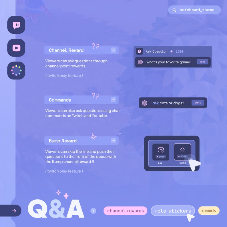 May include: A purple and blue illustration of a Q&A system for Twitch and Youtube. The illustration shows a chat window with a question and answer prompt, a channel reward system, and a bump reward system. The text in the image reads "Q&A", "Channel Rewards", "Role Stickers", "Cmnds", "Ask Question", "What's your favorite game?", "Send", "Ask Cats or Dogs?", "Send", "Ask", "Bump", "1500", "1000", "7500".