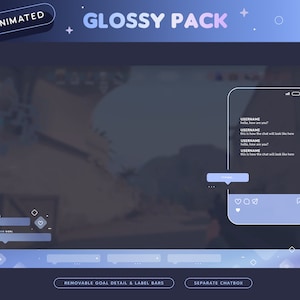 May include: A digital overlay design with a gradient blue and purple color scheme. The design includes animated elements, a chat box, and goal detail bars. Text includes "ANIMATED" and "GLOSSY PACK".