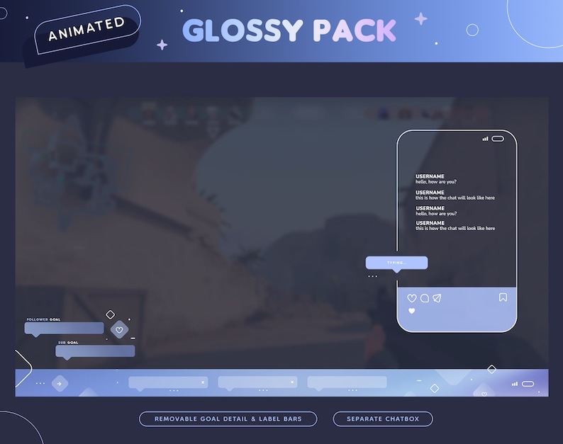 May include: A digital overlay design with a gradient blue and purple color scheme. The design includes animated elements, a chat box, and goal detail bars. Text includes "ANIMATED" and "GLOSSY PACK".
