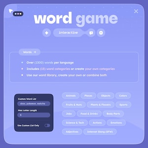 May include: A light purple interactive word game interface with the words "word game" at the top. Features include over 1300 words per language, 15 word categories, and a custom word list option. Categories include Animals, Places, and Objects.