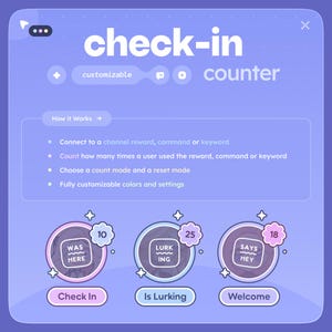 Może przedstawiać: Grafika cyfrowa ze słowami "check-in counter" w fioletowo-białej kolorystyce. Obraz zawiera instrukcje dotyczące działania, a także trzy okrągłe przyciski z etykietami "Check In", "Is Lurking" i "Welcome".