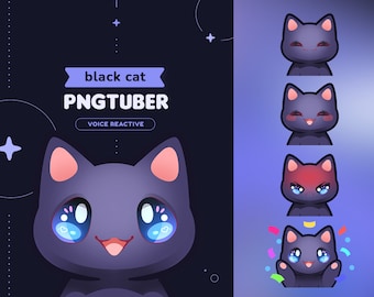 Black Cat PNGtuber Model | Stream Mascot 5 Expressions & 14 Files for OBS and Discord | Voice Reactive | Twitch Streamer Vtuber V-tuber