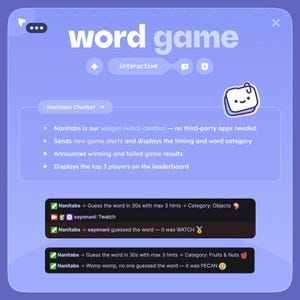 May include: A digital interface for a word game, featuring the text "word game" in a stylized font. The interface includes interactive elements, a chatbot section, and game result displays. The game involves guessing words within a time limit.