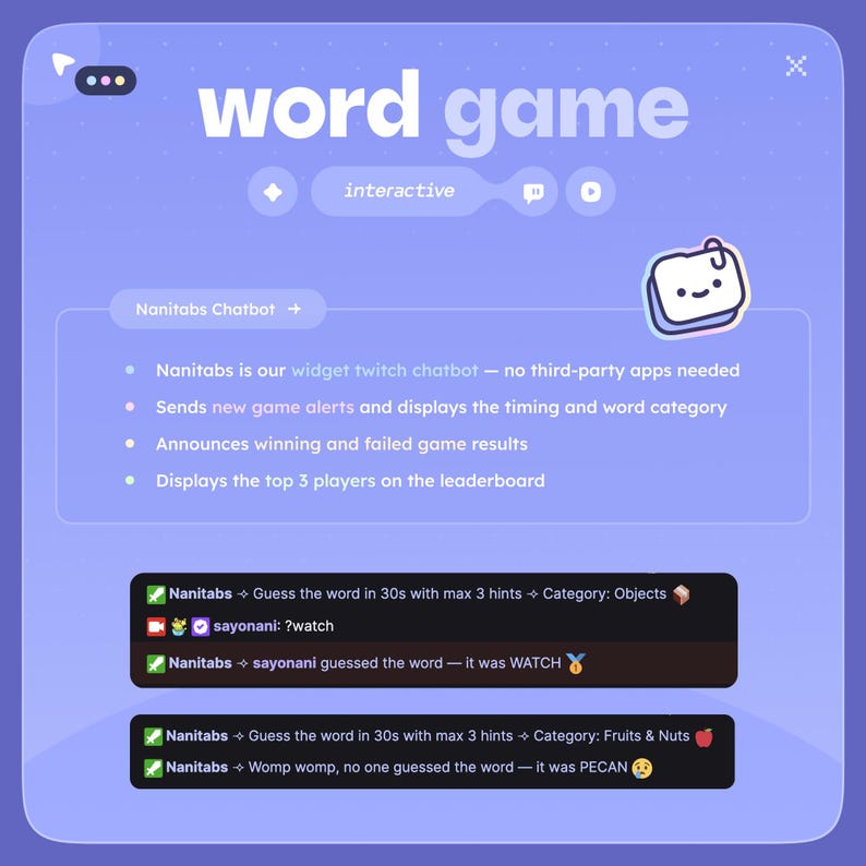 May include: A digital interface for a word game, featuring the text "word game" in a stylized font. The interface includes interactive elements, a chatbot section, and game result displays. The game involves guessing words within a time limit.