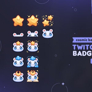 May include: A set of 12 Twitch badges featuring a cute cartoon bear with different cosmic elements, including stars, clouds, and a crescent moon. The text "cosmic bear TWITCH BADGES 12" is displayed in purple and white.