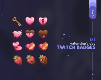 Twitch Sub & Bits Badges || 12 Valentine's Day Heart and Strawberry Badges