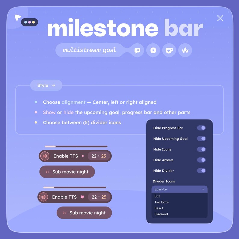 May include: A digital interface with the text "milestone bar" and "multistream goal". It features options for alignment, hiding elements, and choosing divider icons. Two progress bars are visible, each with "Enable TTS" and a time stamp.