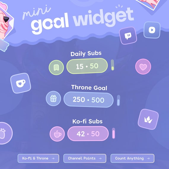 Aura Mini Goal Widget  ⟢  Twitch, Channel Points, Youtube, Ko-fi & Throne  •  Over 100 Icons Fully Customizable  •  Streamelements OBS